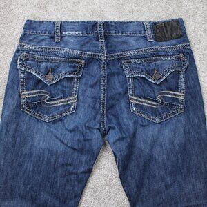 Silver Jeans Mens 38x32 Blue Nash Straight Flap Thick Stitch 100% Cotton Denim